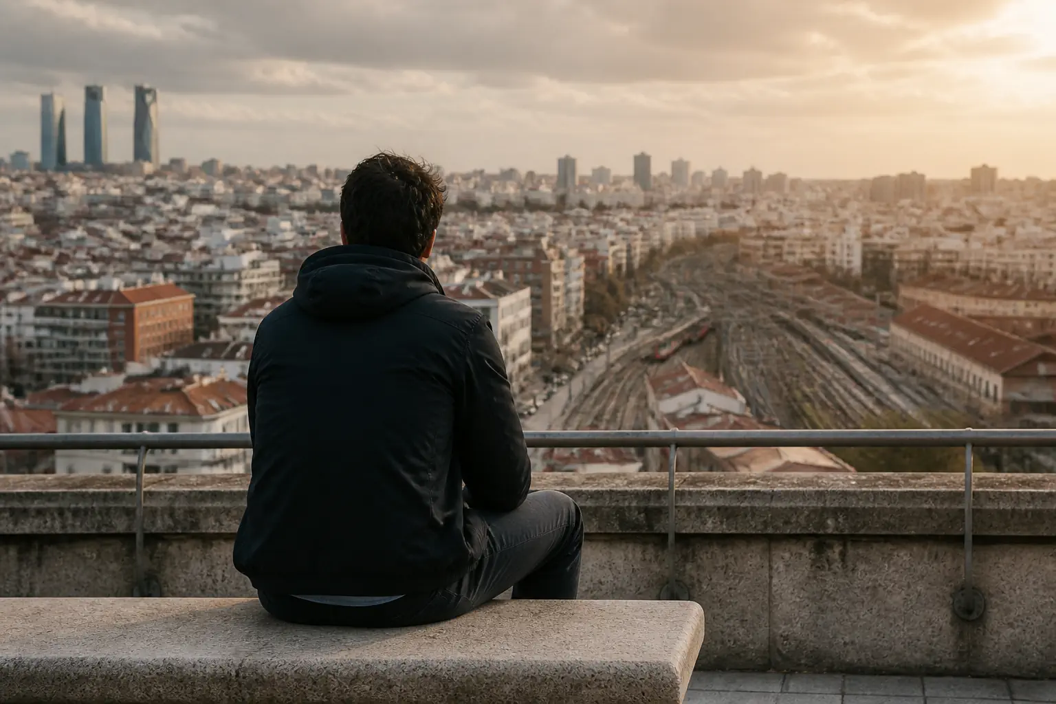 Una persona anónima observa una ciudad desde un mirador al final de la tarde.