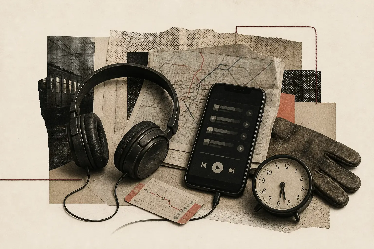 Auriculares, teléfono con una lista de audios, mapa de transporte, reloj y guante de trabajo sobre un collage marfil.