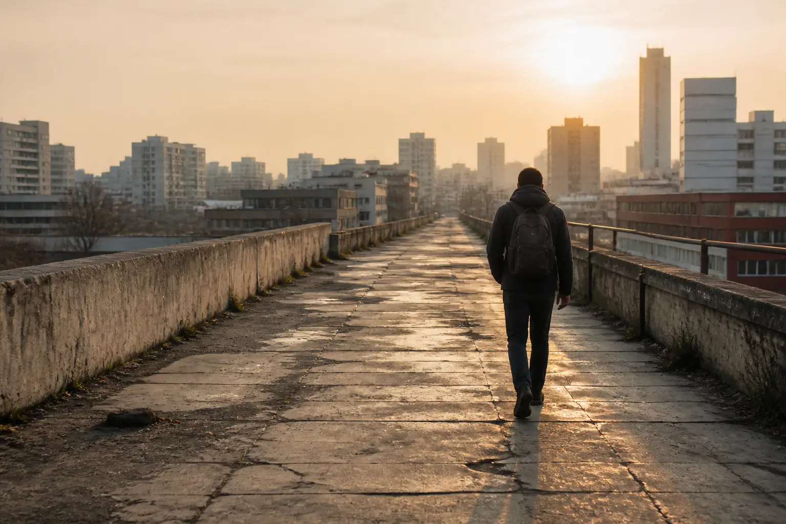 Una persona avanza por un camino urbano agrietado hacia un horizonte cálido.