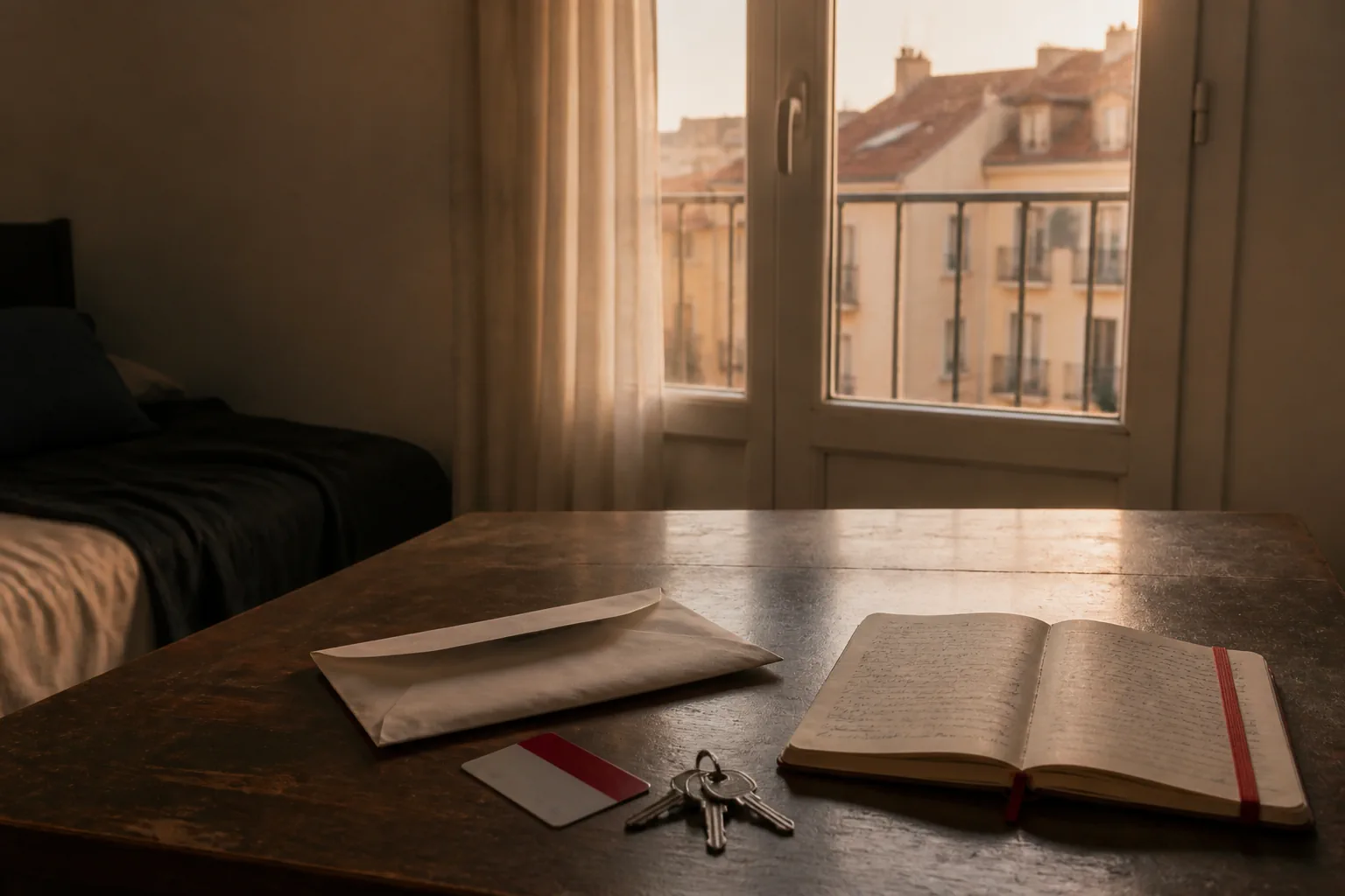Sobre cerrado, llaves y cuaderno sobre una mesa de una habitación iluminada al atardecer.