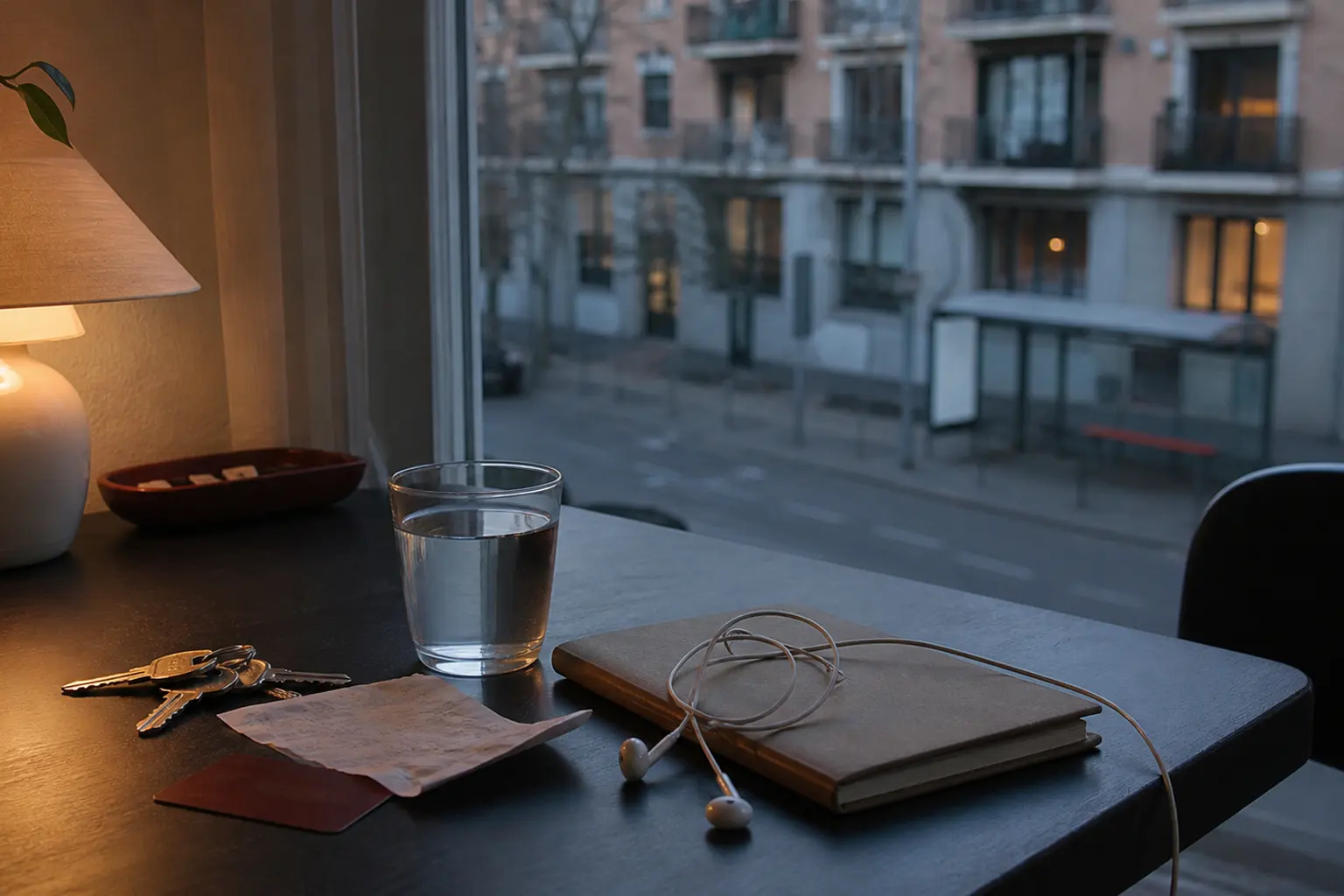 Mesa junto a una ventana con llaves, auriculares, una libreta, tarjeta de transporte y un vaso de agua al anochecer.