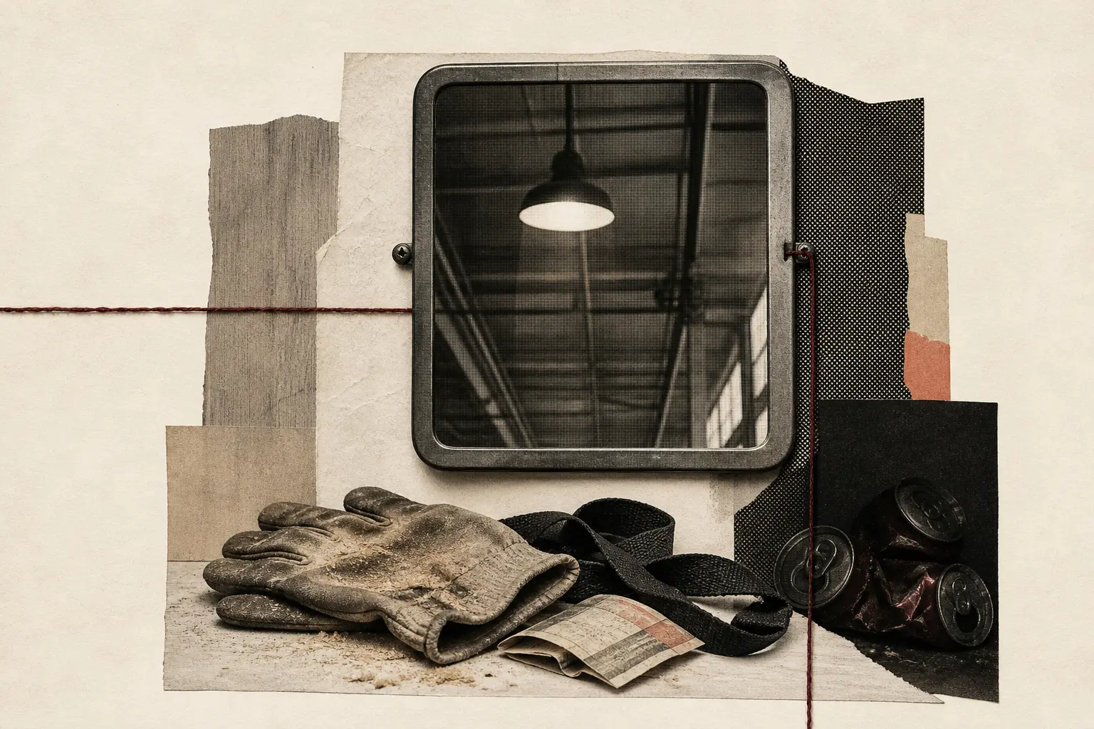 Espejo industrial vacío entre guantes de trabajo, una correa de entrenamiento, un billete de transporte y latas aplastadas sobre papel marfil.