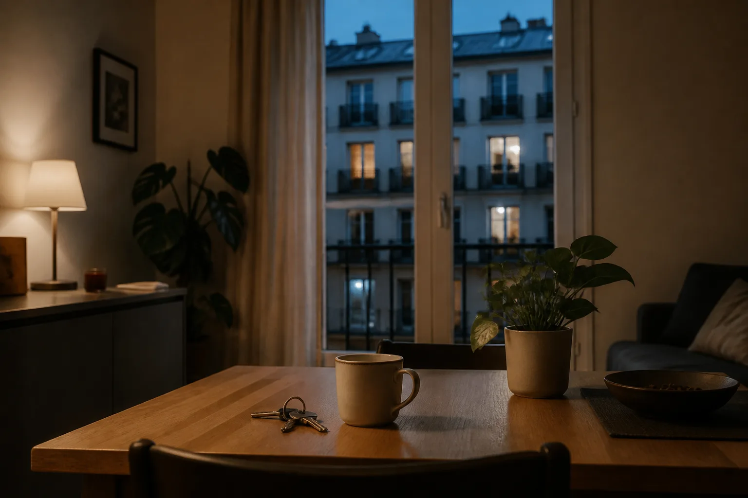 Mesa cuidada de un apartamento al anochecer, con unas llaves y las luces de otros hogares al fondo