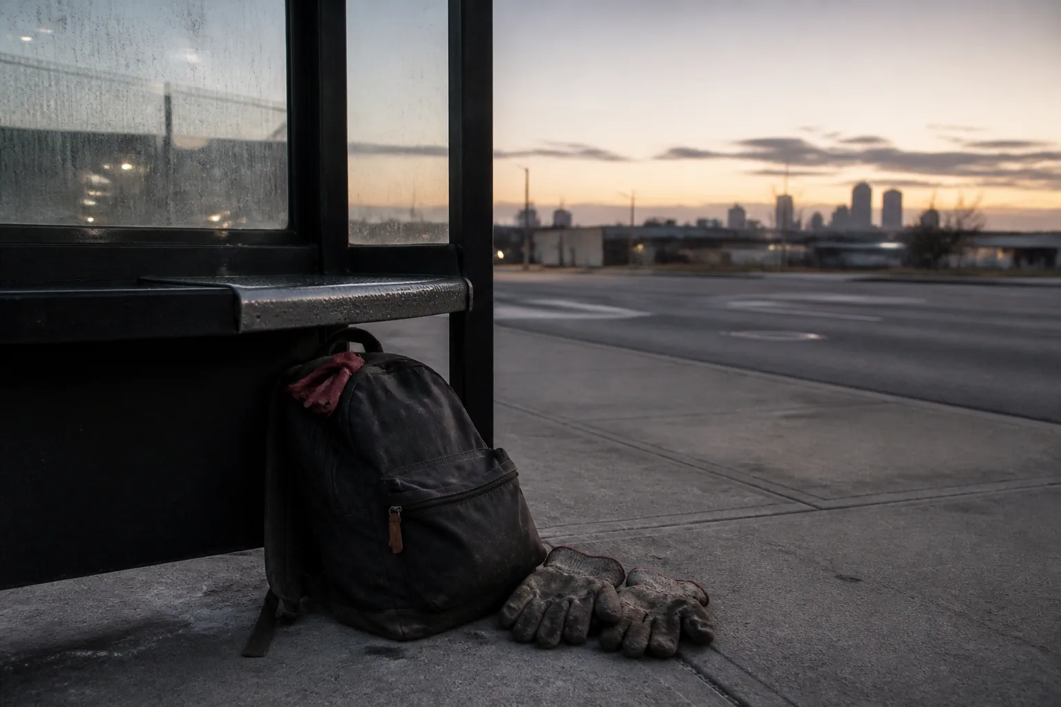 Mochila y guantes de trabajo usados junto a una parada vacía antes del amanecer.