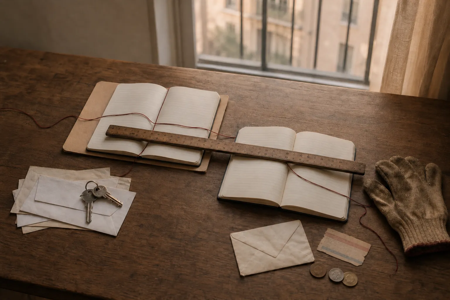 Dos cuadernos a distinta altura sobre una mesa, atravesados por la misma regla de madera, junto a llaves, sobres, monedas y un guante de trabajo.