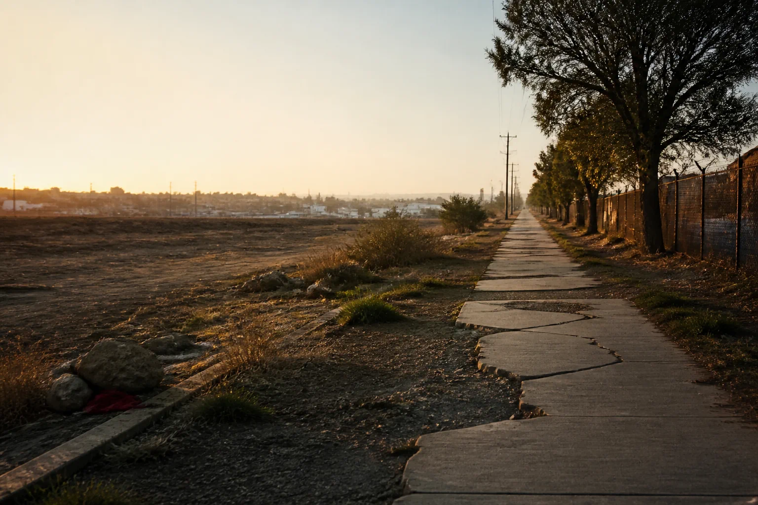 Sendero agrietado que avanza hacia el horizonte con la luz cálida del atardecer